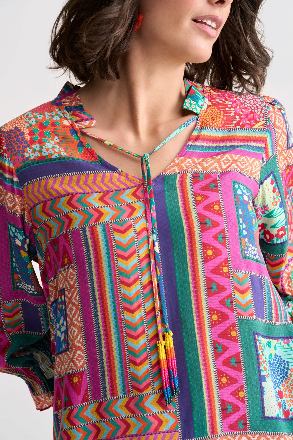 Beaded Tassel Kaftan - Tropical Patchwork