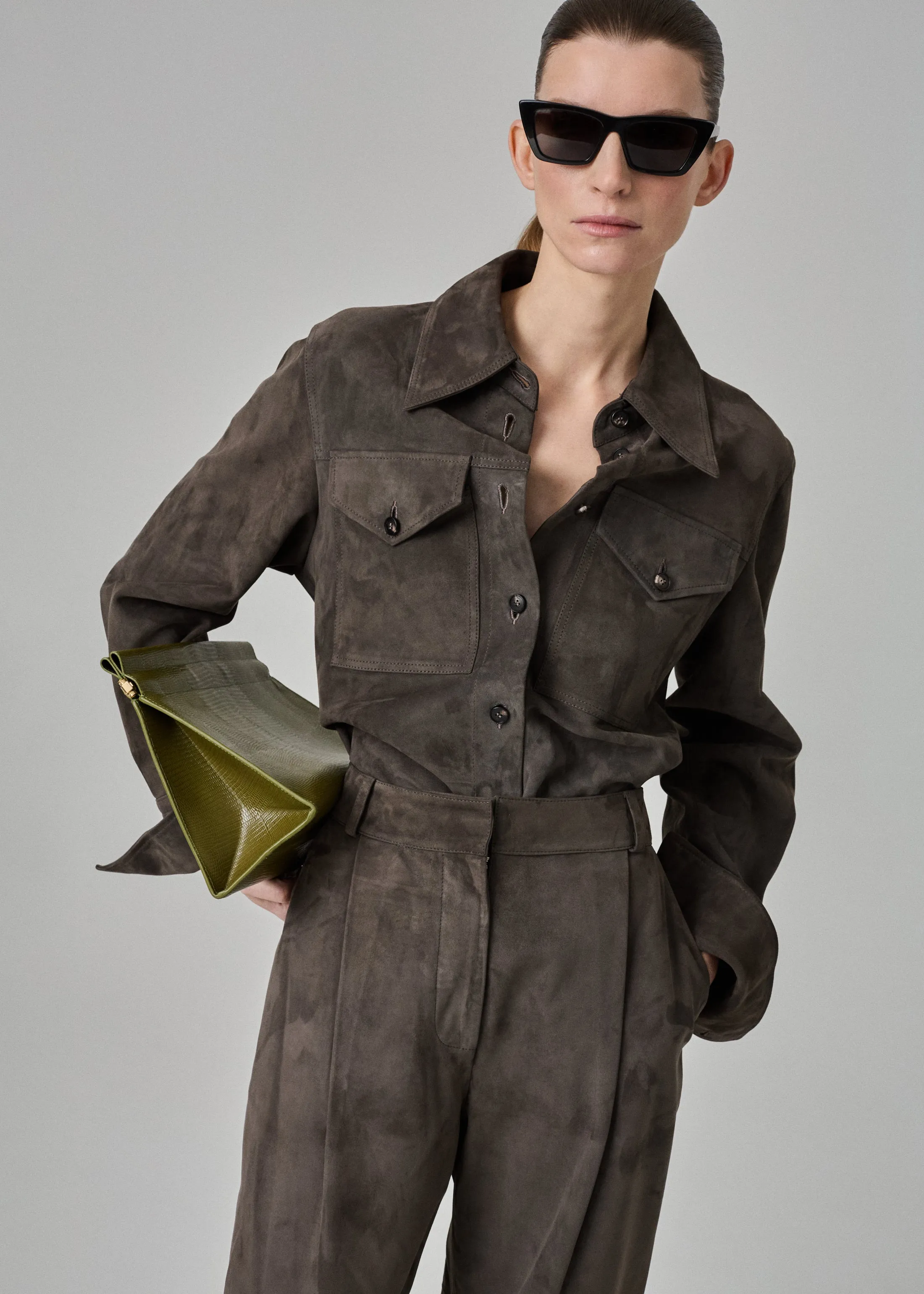 Button Down Shirt  in Suede - Charcoal