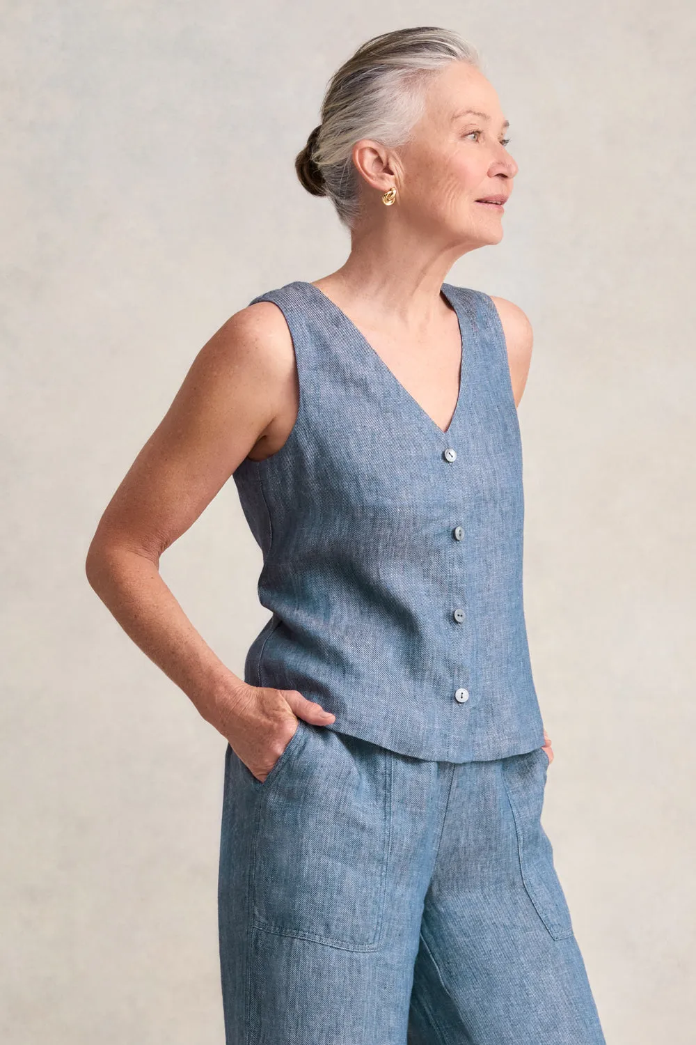 Classic Linen Vest - Indigo Twill
