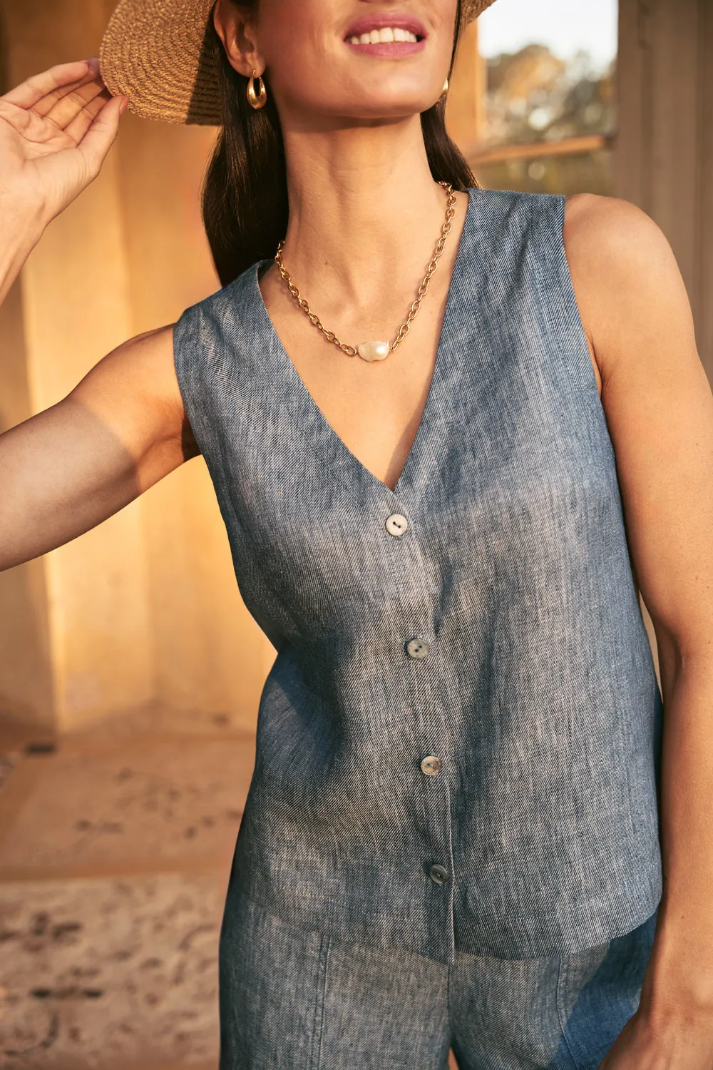 Classic Linen Vest - Indigo Twill