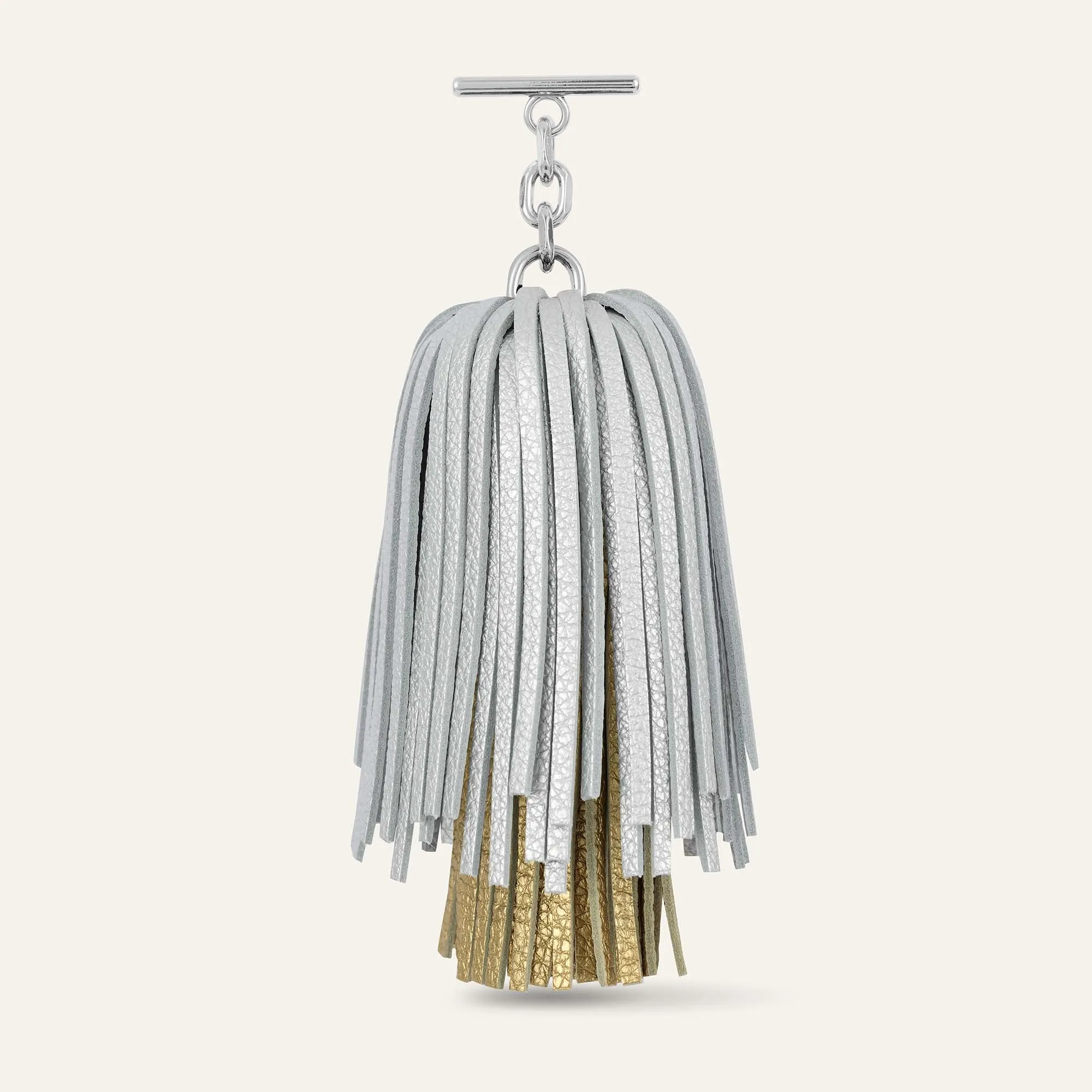 Double Pompom Tassel | Soft Metallic Silver Shimmer Metallic Gold with Silver hardware