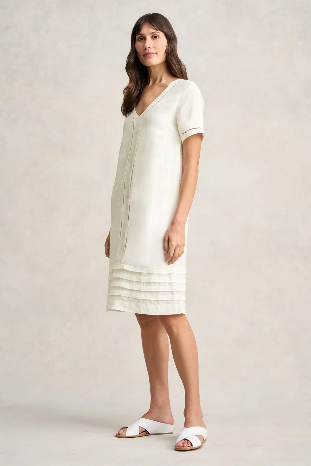 Ladder Trim Linen Dress - Chalk