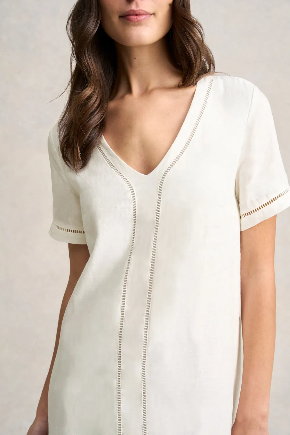 Ladder Trim Linen Dress - Chalk