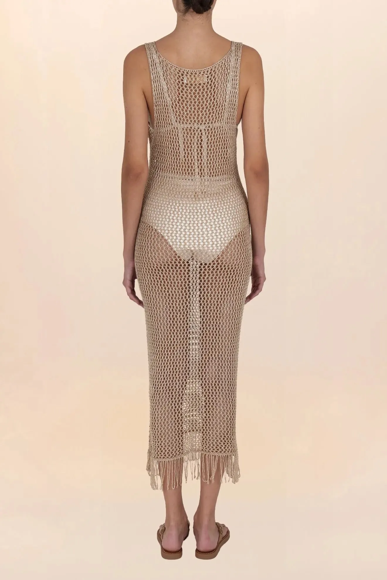 Long gold crochet dress with fringes