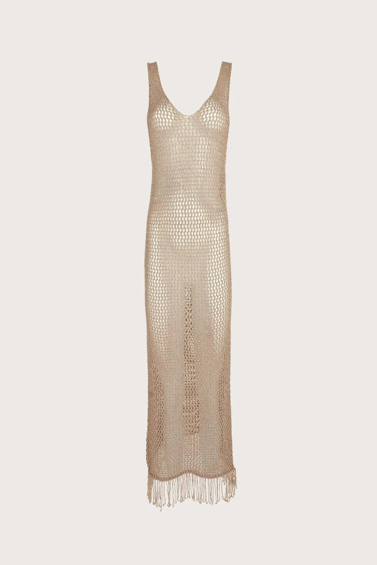 Long gold crochet dress with fringes
