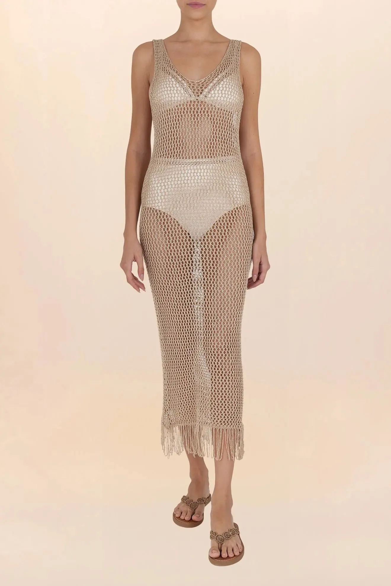 Long gold crochet dress with fringes