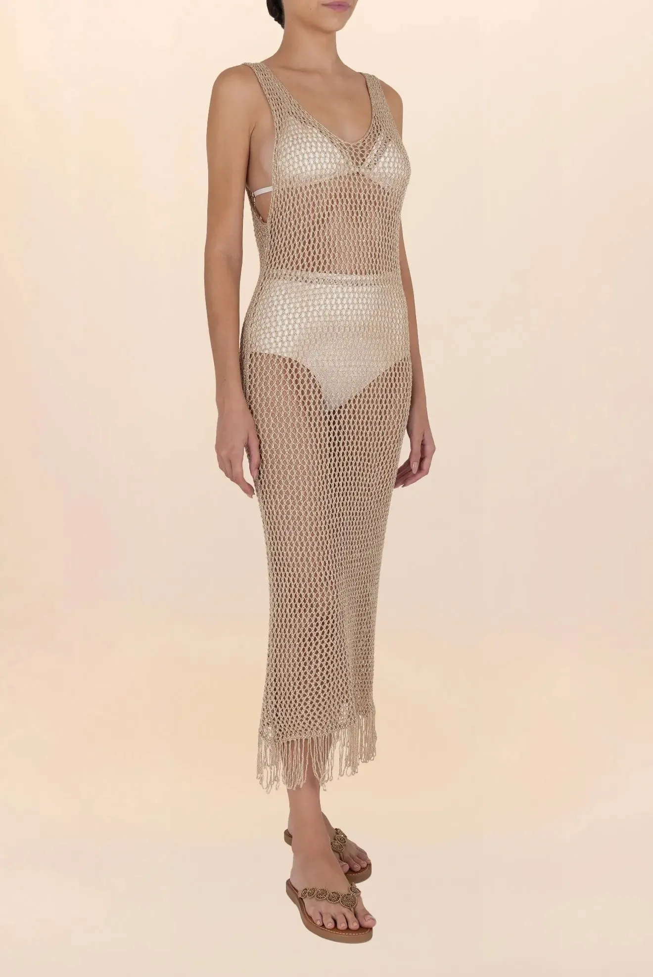 Long gold crochet dress with fringes