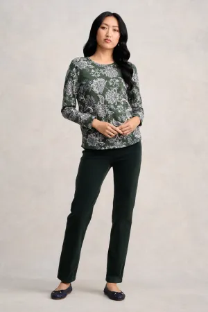 Long Sleeve Button Detail T-Shirt - Forest Green Paisley