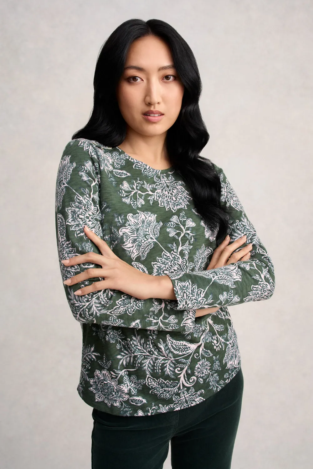 Long Sleeve Button Detail T-Shirt - Forest Green Paisley