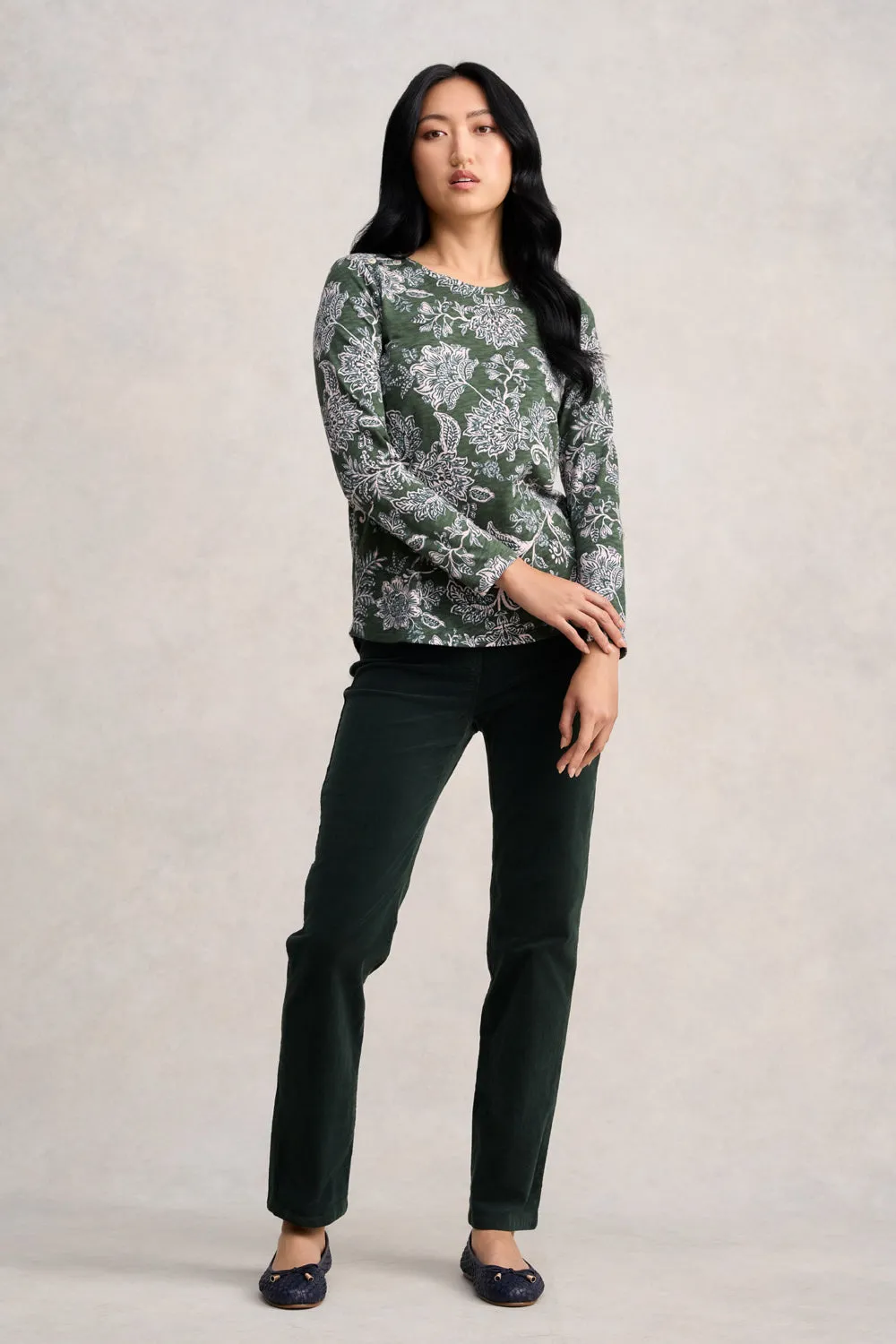 Long Sleeve Button Detail T-Shirt - Forest Green Paisley