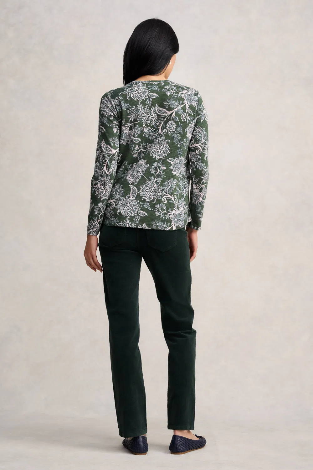 Long Sleeve Button Detail T-Shirt - Forest Green Paisley