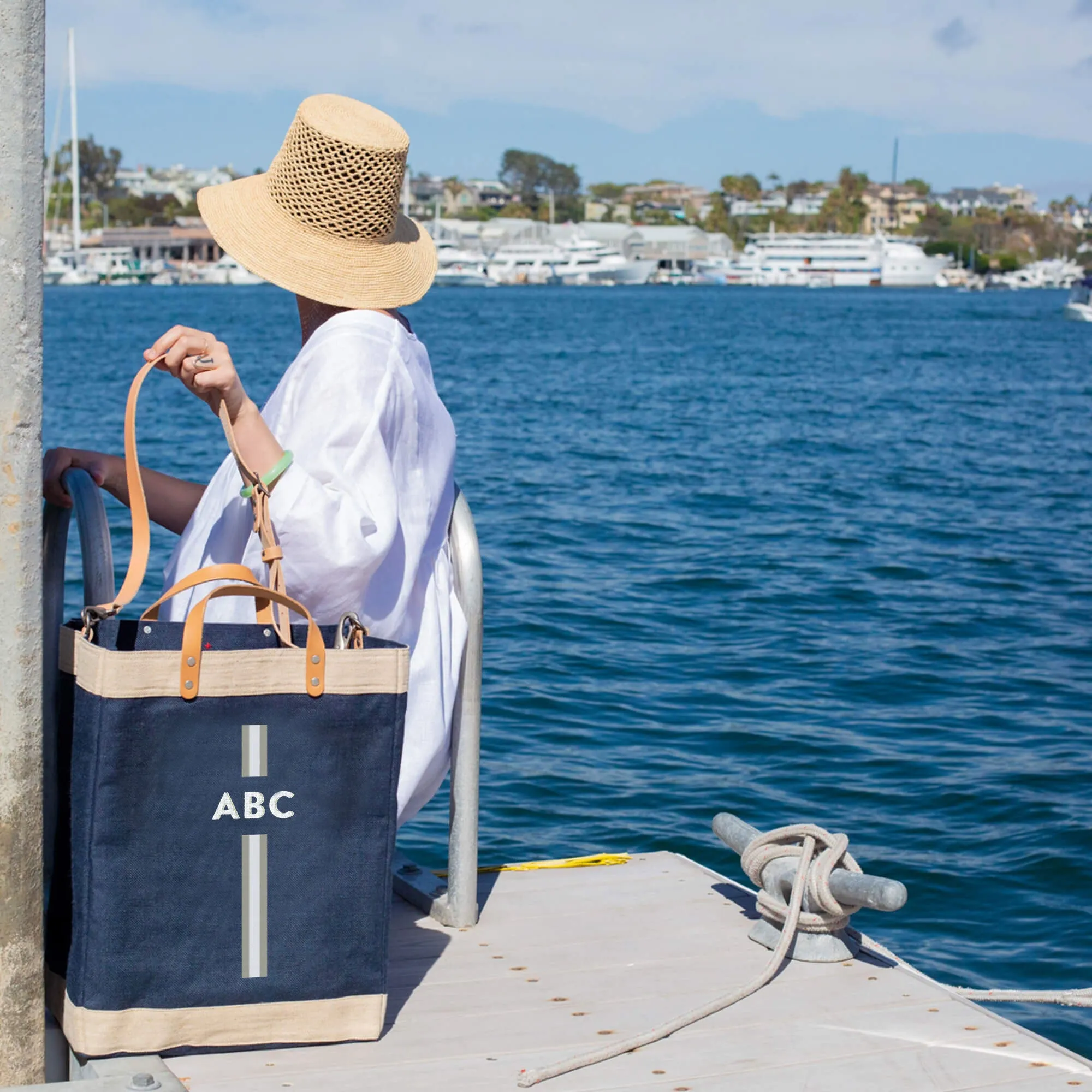 Market Bag in Navy with Strap and Monogram