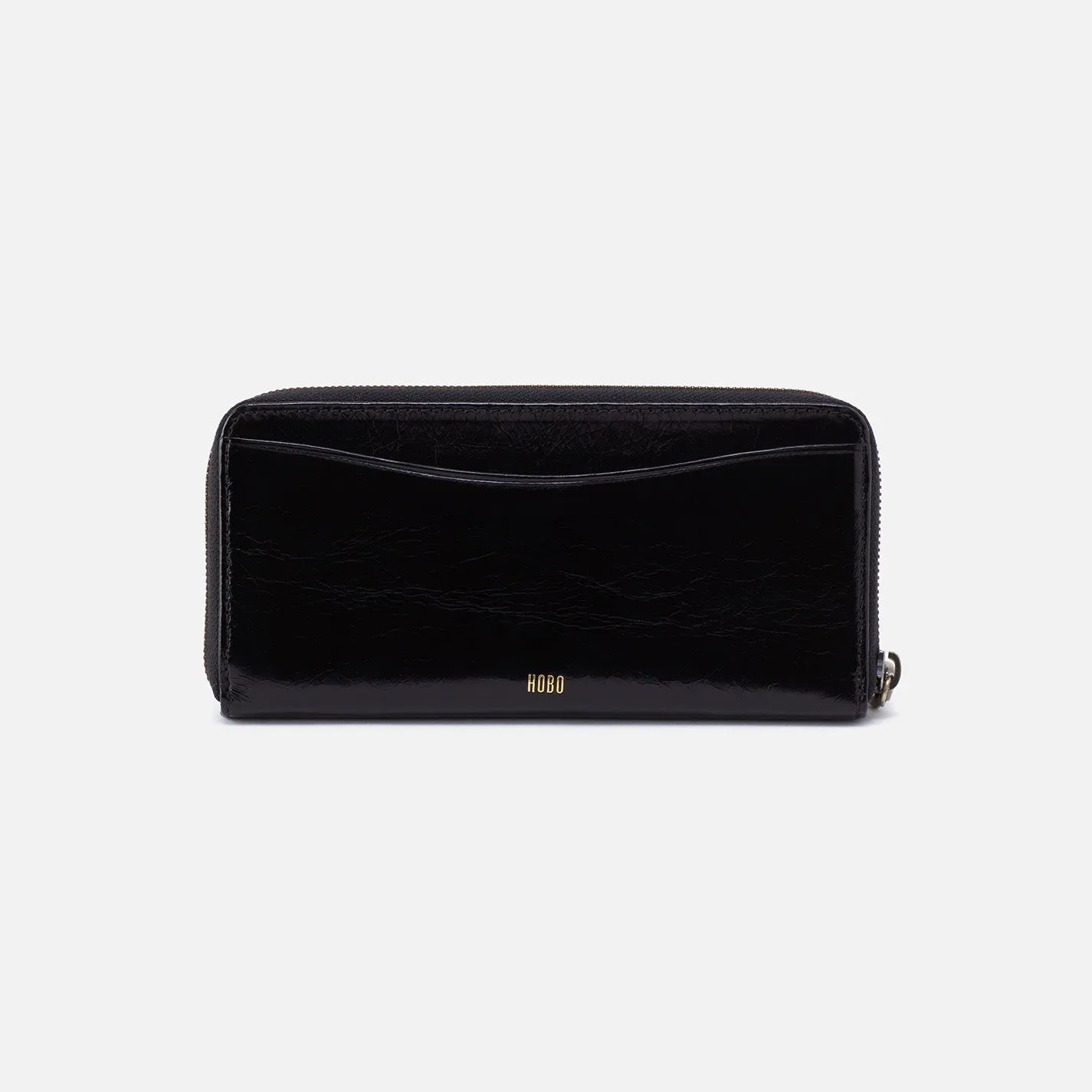 Max Large Zip Around Wallet in Polished Leather - Black
