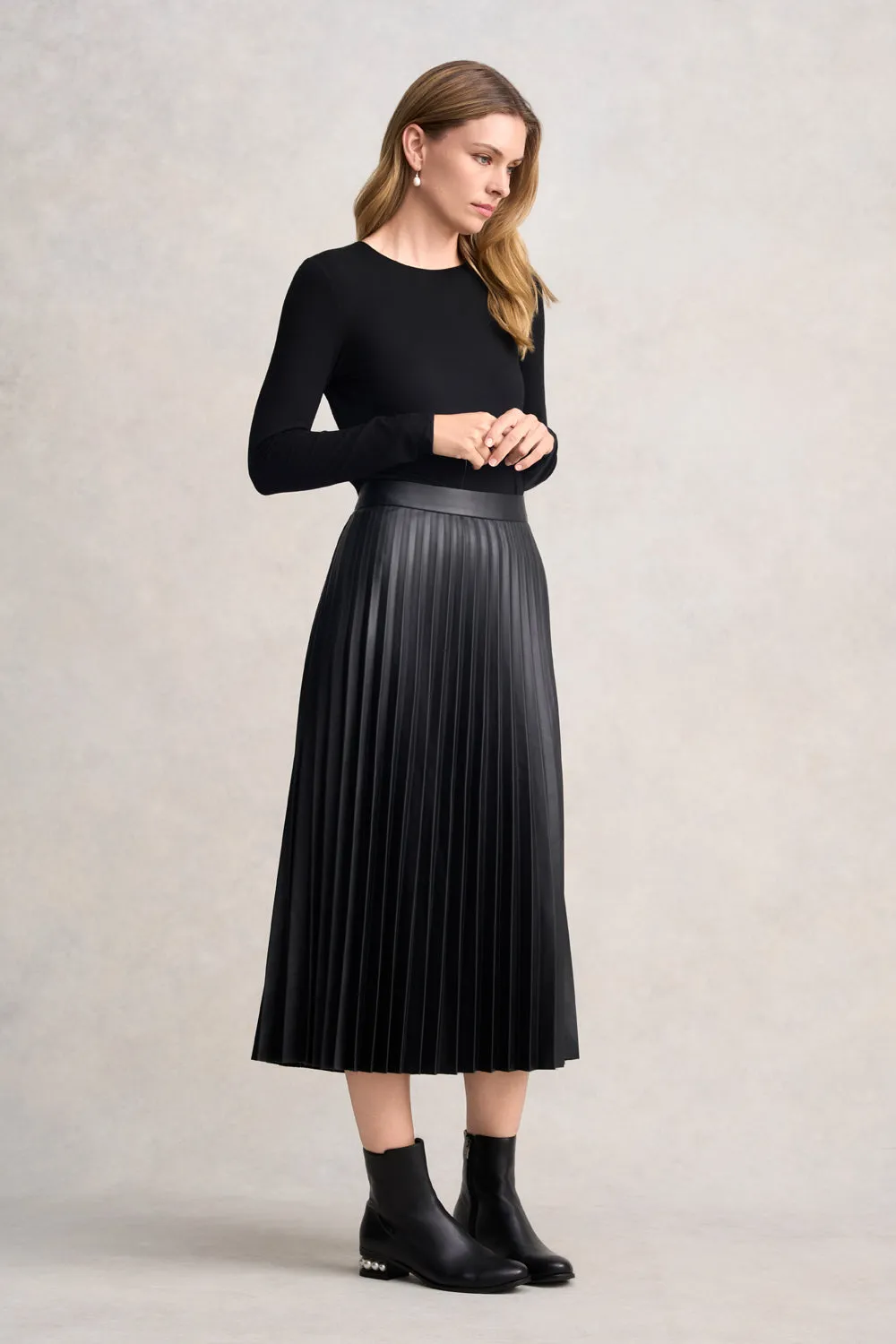 Pleated Faux Leather Skirt - Black