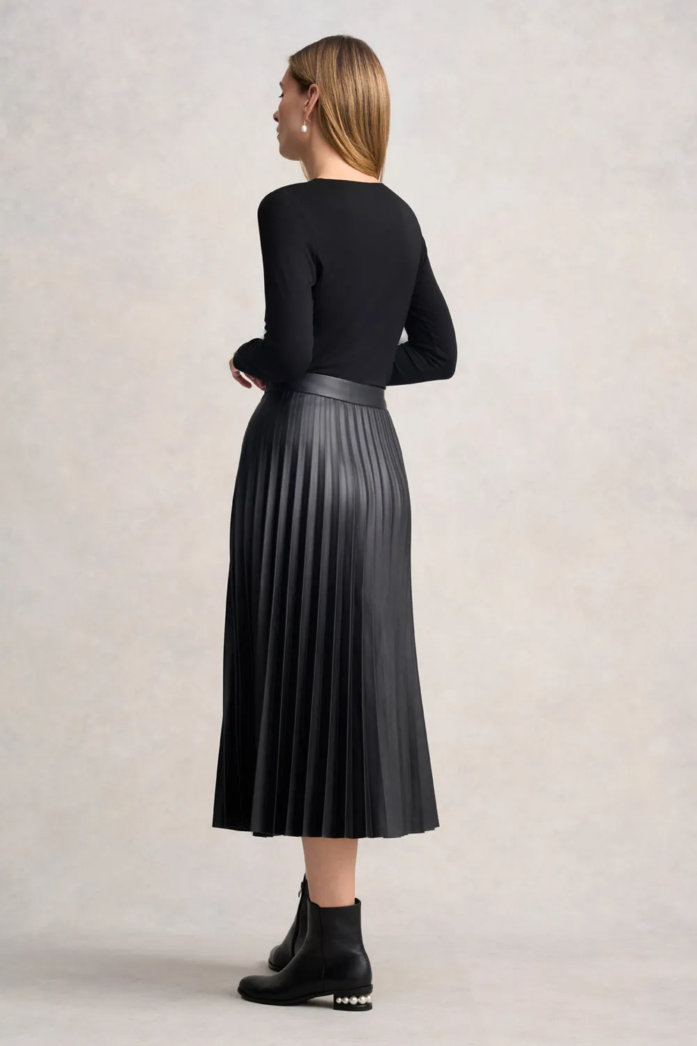 Pleated Faux Leather Skirt - Black