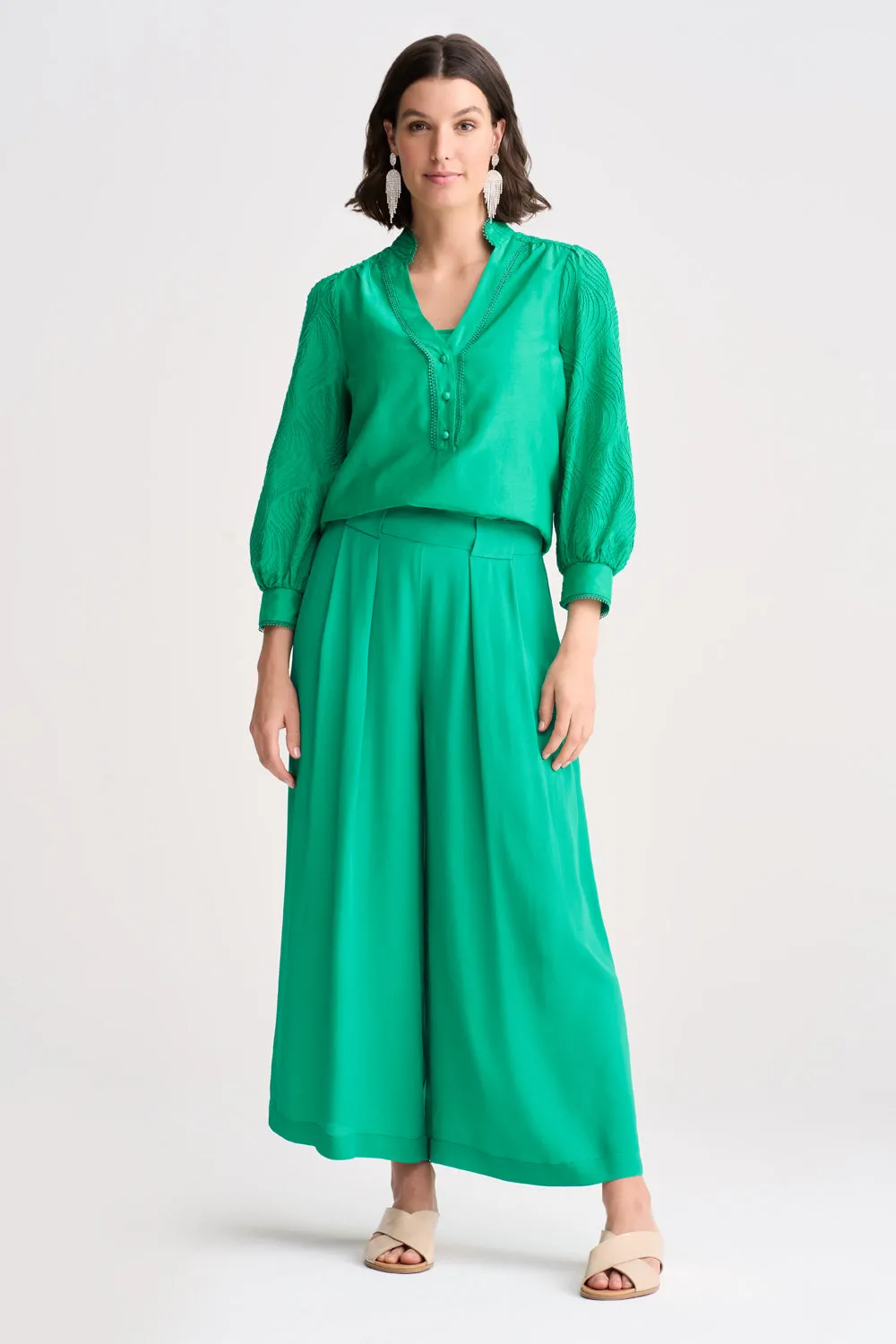 Pleated Wide Leg Pant - Kelly Green