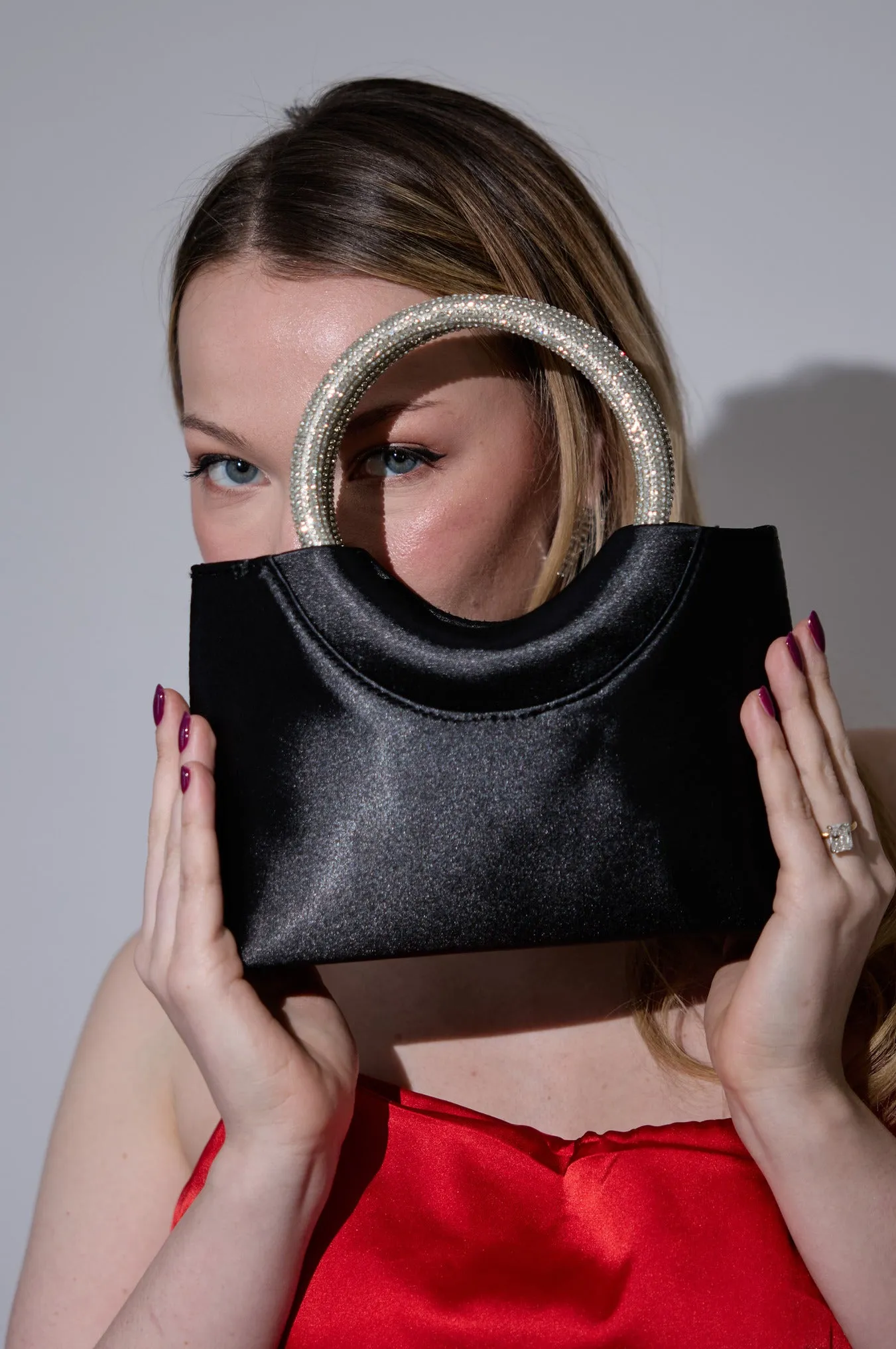 Satin Rhinestone Halo Handle Evening Bag