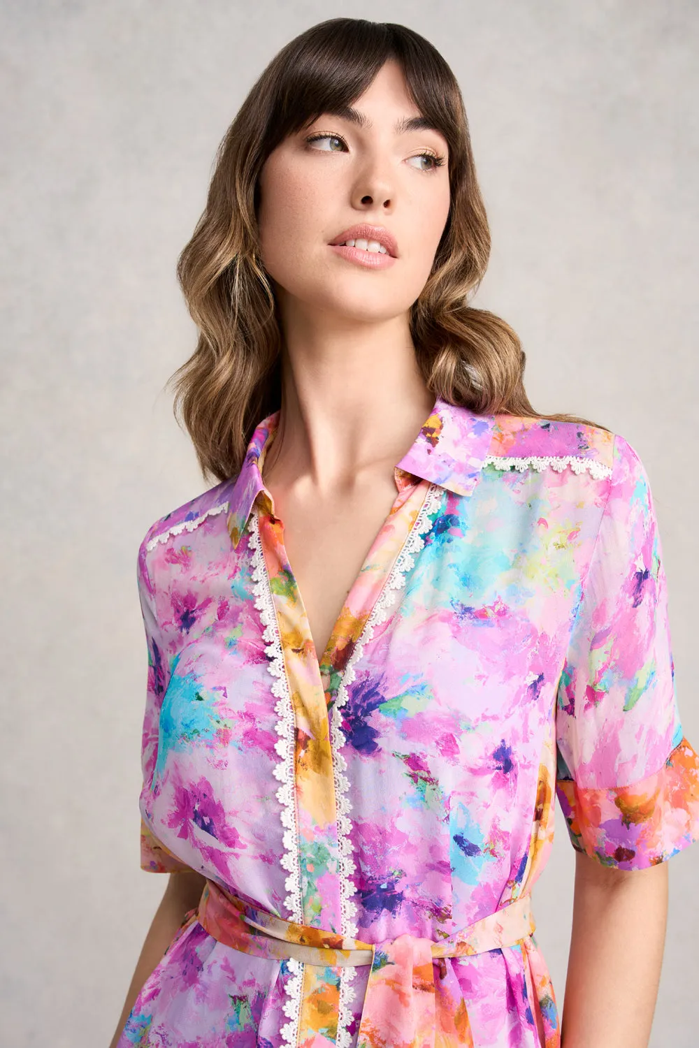 Spliced Print Shirt Dress - Janes Bouquet