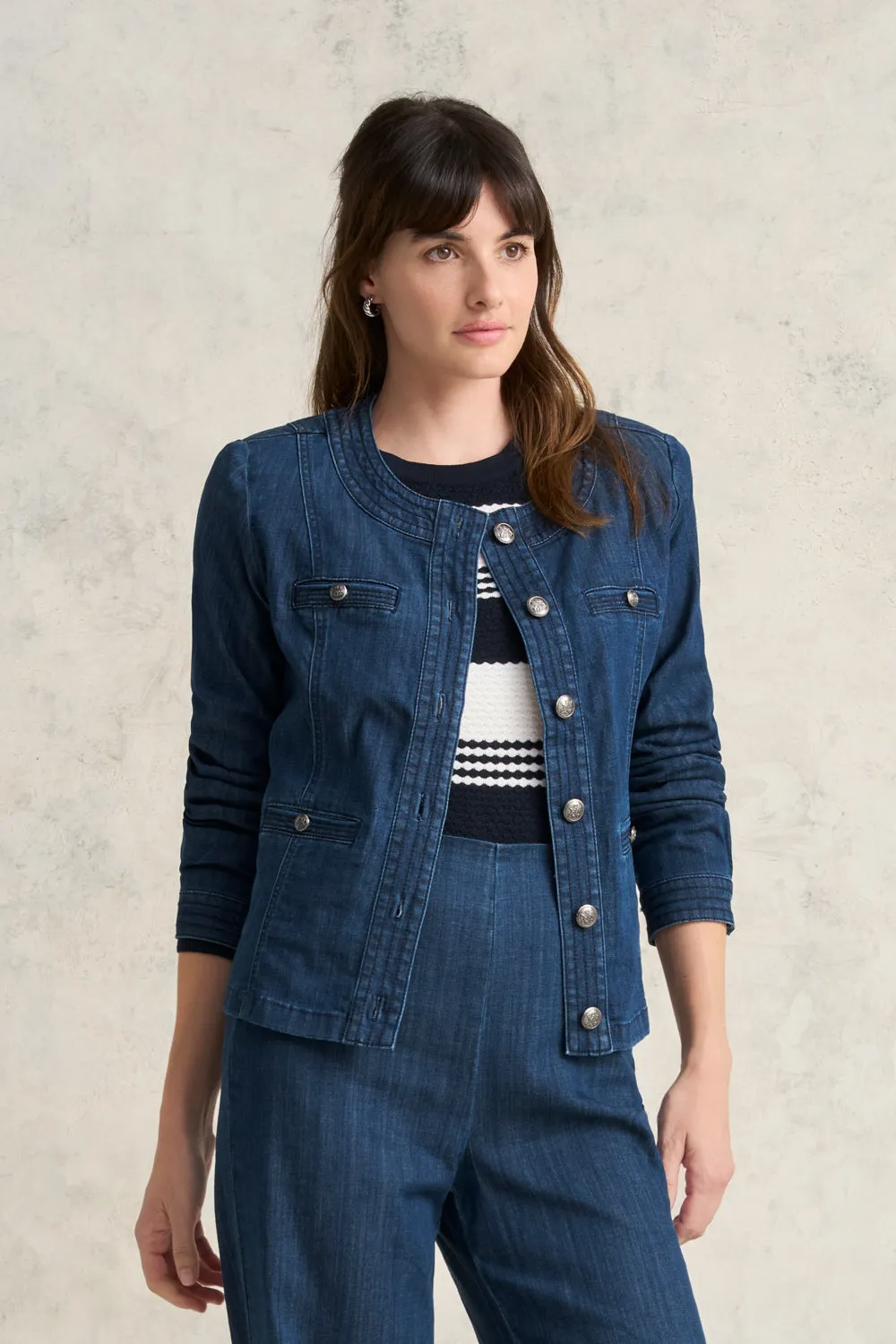 Stitch Detail Denim Jacket - Mid Blue Denim