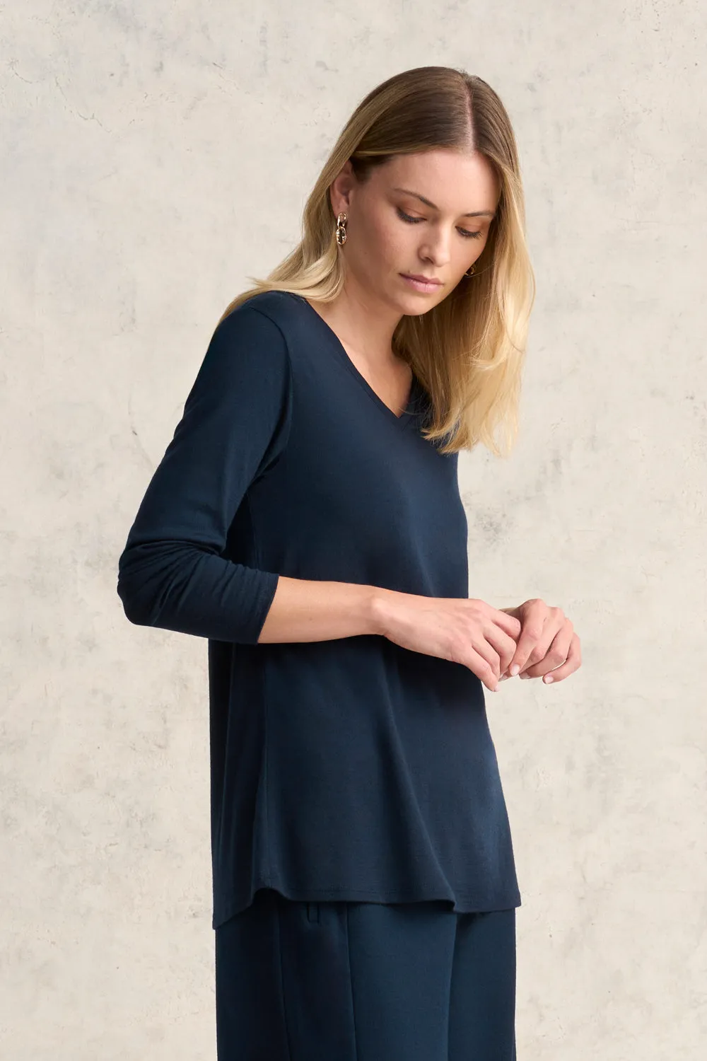 V-Neck Wool Jersey Top - Rich Navy
