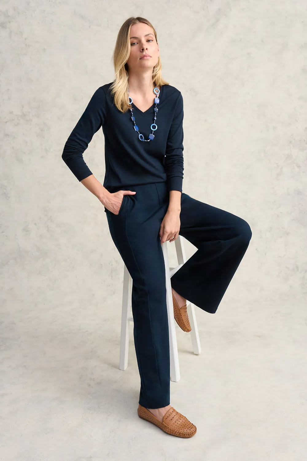 V-Neck Wool Jersey Top - Rich Navy